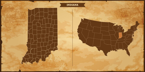 Indiana state map, United States of America map with federal states in A vintage map based background, Political USA Map - obrazy, fototapety, plakaty