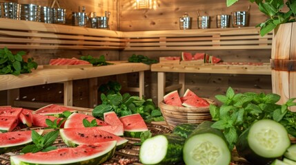 Slices of watermelon cucumber and mint leaves arranged around the sauna representing natural detoxifying foods..