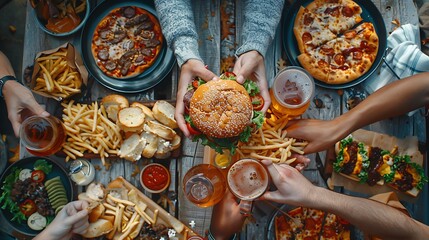 Lockdown fast food dinner from delivery service, Flat lay of peoples hands eating burger, fries, sandwiche, pizza, drinking beer over table background, top view, Quarantine home party, takeaway food