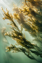Seaweed swaying in the currents, with their sinuous forms and intricate fronds creating a mesmerizing minimalist composition 