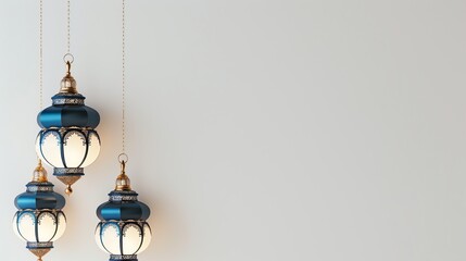 a group of Ramadan lanterns hanging on the left side on an empty orange background, in the style of light white and light gold