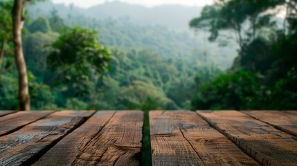 Wooden board with a forest in the background created with Generative Ai technology