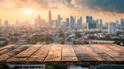 Wooden board with a city in the background, created with Generative Ai technology	