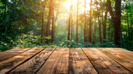 Wooden board with a forest in the background created with Generative Ai technology