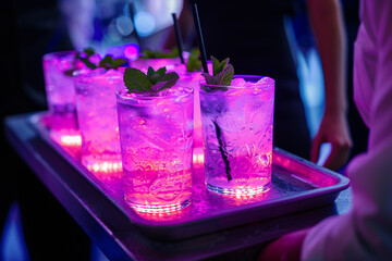 Neon-lit mocktails on a serving tray ready for delivery to tables.
