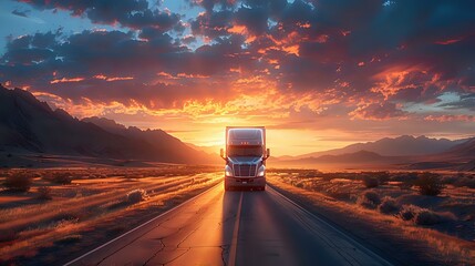 Golden Hour: Semi-Truck Journey through Mountain Sunset