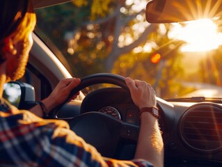 A man is driving a car, a view from himself. The concept of traveling by car, Moving, and business trips.