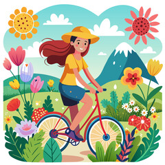 illustration capturing the essence of summer with a beautiful girl riding a bicycle through a field of blooming flowers