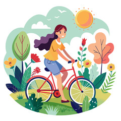 illustration capturing the essence of summer with a beautiful girl riding a bicycle through a field of blooming flowers