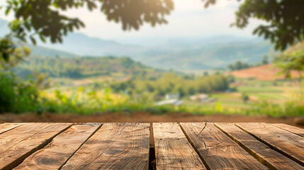 Wooden board with a forest in the background created with Generative Ai technology