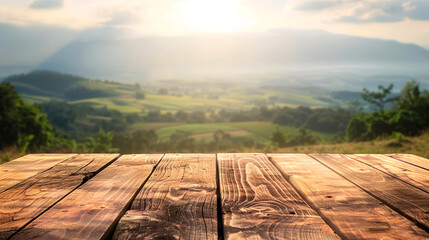 Wooden board with a forest in the background created with Generative Ai technology