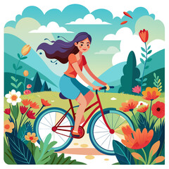 Obraz na płótnie Canvas illustration capturing the essence of summer with a beautiful girl riding a bicycle through a field of blooming flowers