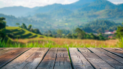 Wooden board with a forest in the background created with Generative Ai technology