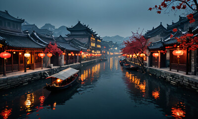 a picture of a water town in the south of the Yangtze River in China - obrazy, fototapety, plakaty