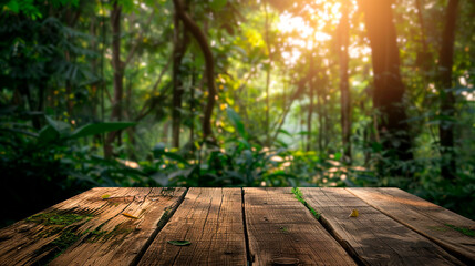 Wooden board with a forest in the background created with Generative Ai technology
