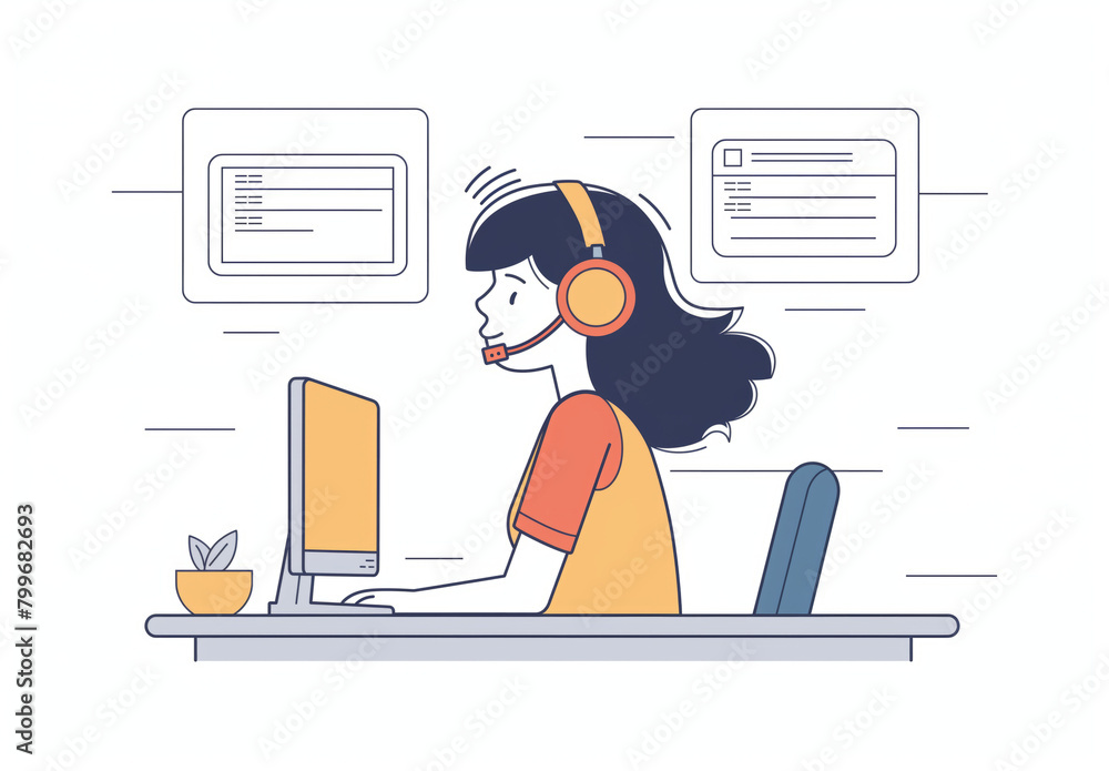 Poster a line art image of a woman working intently on a computer at a minimalist desk setup