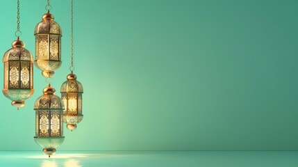Obraz premium a group of Ramadan lanterns hanging on the left side on an empty orange background, in the style of light green and light gold