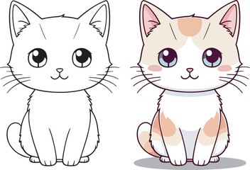 Fototapeta premium Cute cartoon cat character, line drawings and colorful coloring pages.