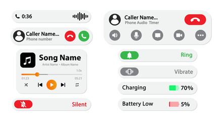Dynamic island interface design elements vector image modern design with music calling and battery percentage components on white background. Vector interface design.