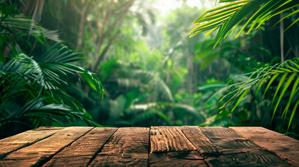 Wooden board with a forest in the background created with Generative Ai technology