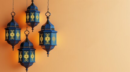 Fototapeta na wymiar a group of Ramadan lanterns hanging on the left side on an empty orange background, in the style of light orange and light gold