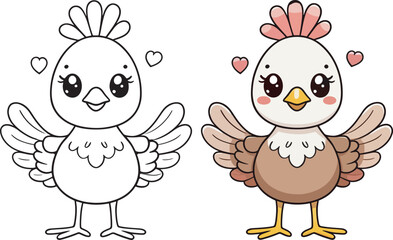 Obraz premium Turkey cartoon character, cute line drawing and colorful coloring page.