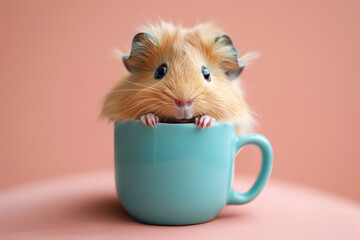 Funny hguinea pig sitting in blue mug on pink background.