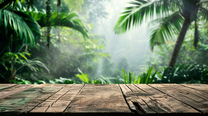 Wooden board with a forest in the background created with Generative Ai technology