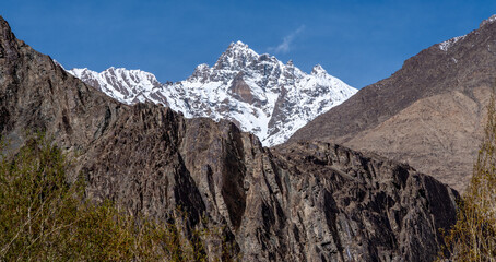 Towering mountains in the Indian Himalayas in the Nubra Valley near the border with Tibet