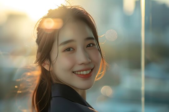 portrait of a woman. Asian businesswoman with long hair On a blurred background, no rim light, and bokeh. Generative Ai