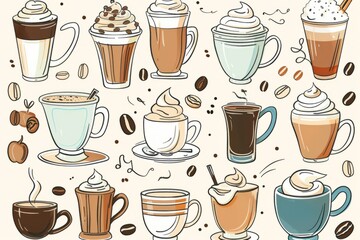 Cartoon cute doodles of a cozy coffee shop offering a variety of specialty drinks, from classic espressos to decadent mochas with whipped cream, Generative AI