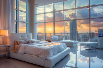 Soft morning light pours through floor-to-ceiling windows, illuminating a plush white bed and sleek furniture.