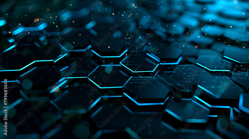 Poster Network with nodes connected background. Digital technology concept,abstract blue technology hexagonal background,Abstract computer technology background with circuit board and hexagon tech
