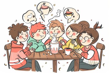 Cartoon cute doodles of a group of friends gathered around a table, sharing stories and memories while sipping on creamy hot chocolate, Generative AI
