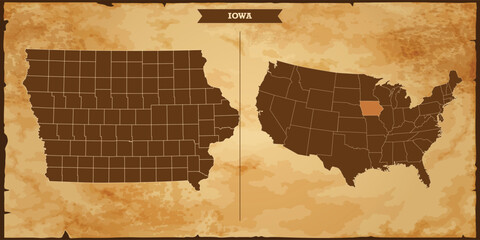 Iowa state map, United States of America map with federal states in A vintage map based background, Political USA Map - obrazy, fototapety, plakaty