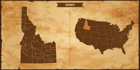 Idaho state map, United States of America map with federal states in A vintage map based background, Political USA Map - obrazy, fototapety, plakaty