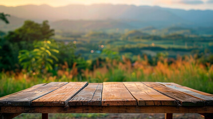Wooden board with a forest in the background created with Generative Ai technology
