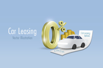 Car finance with 0% interest fee on approved car leasing application. Car loan for vehicle, transportation finance. 3D vector.