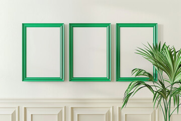 Trio of jade green frames on a pearly white gallery wall, styled for a clean, modern aesthetic