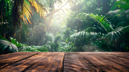 Wooden board with a forest in the background created with Generative Ai technology