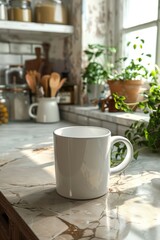 Obraz premium a white ceramic mug mock-up on a kitchen counter