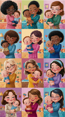 A compilation of six whimsical cartoon mothers day stickers