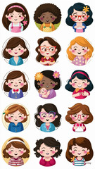A set of six cartoon motherdaughter stickers