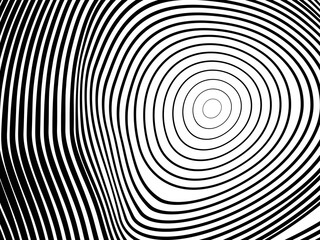 Abstract hypnotic wave pattern with black-and-white striped lines. Psychedelic background. Op art, optical illusion. Modern design, graphic texture.