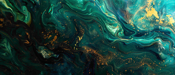 A swirling blend of azure blue and emerald green, merging seamlessly into a radiant golden hue agnst a velvety black canvas.