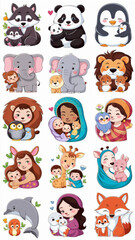A collection of adorable cartoon mothers day stickers