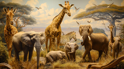 An art piece depicting a diverse group of terrestrial animals such as giraffes and elephants in an ecoregion grassland landscape under a cloudy sky