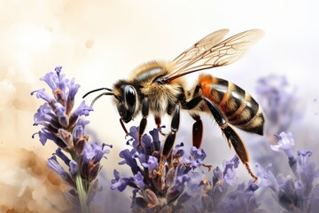 Bee on a lavender flower collecting nectar.