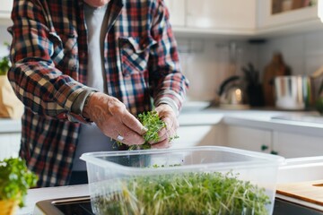 A man grows microgreens at home. A plastic container with micro-greenery sprouts on the background of a bright modern kitchen. 