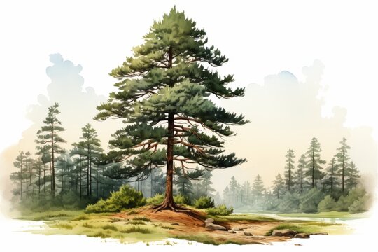 The image is a watercolor painting of a pine tree